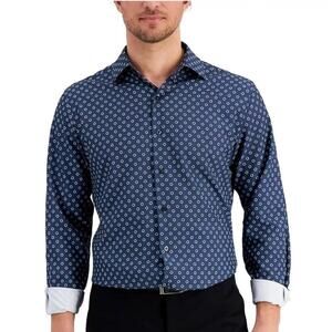 New Alfani Men's Slim Fit 4-Way Geo-Print Dress Shirt Navy White NECK 15-15½
